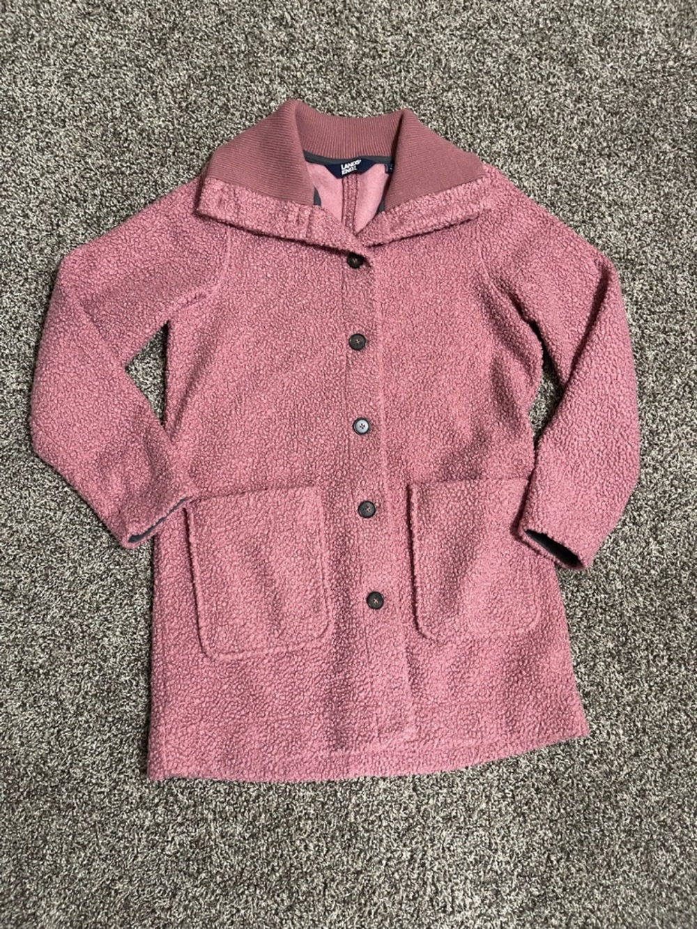 lands end pink button down midi teddy jacket